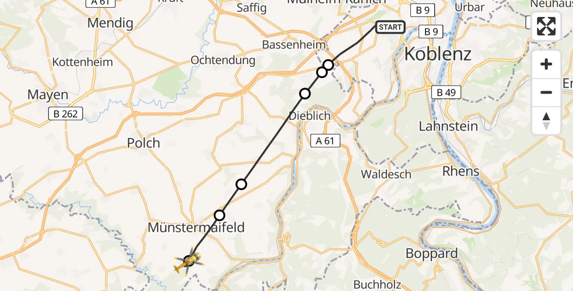 Flugroute Rettungshubschrauber Koblenz - Wierschem, 15 Juli 2026, 10:54