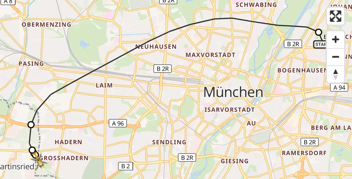 Flugroute Rettungshubschrauber München Bogenhausen Hospital - DRF Air Rescue München Hubschrauberlandeplatz, 15 Juli 2026, 10:59
