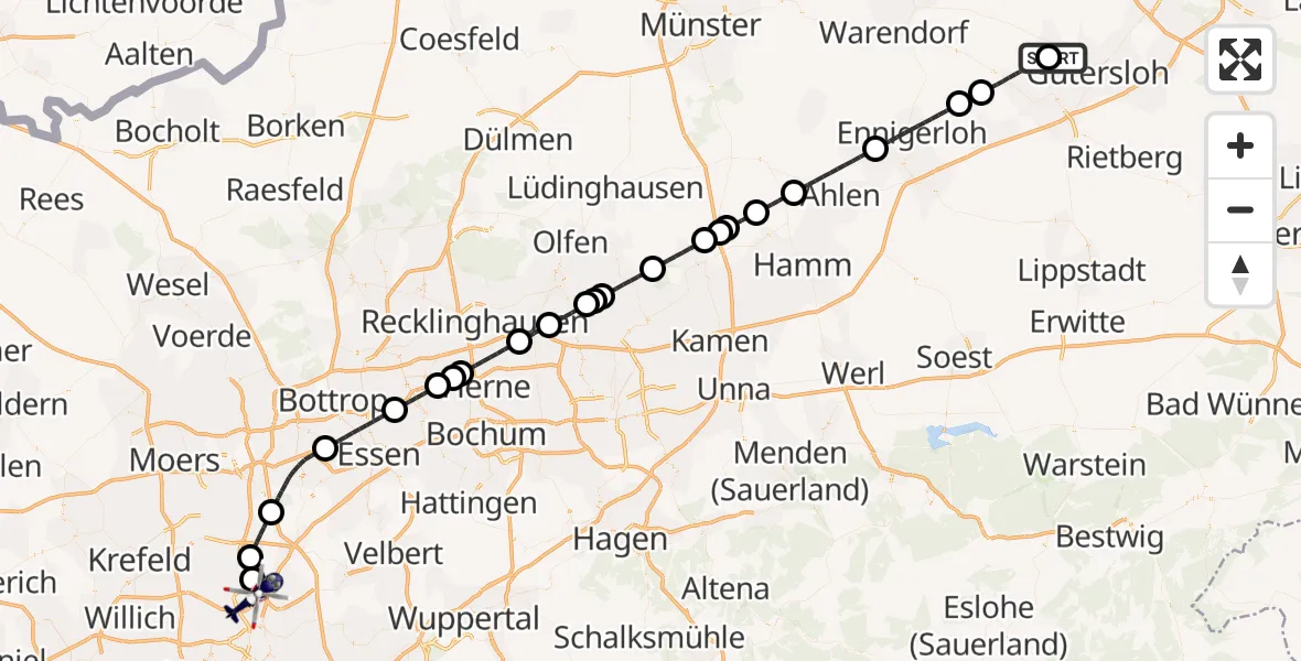 Flugroute Polizeihubschrauber Gütersloh - Düsseldorf Flughafen, 15 Juli 2026, 10:59