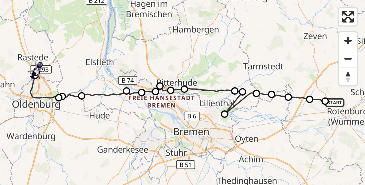 Flugroute Polizeihubschrauber Rotenburg (Wümme) - Oldenburg Police Hubschrauberlandeplatz, 15 Juli 2026, 10:59