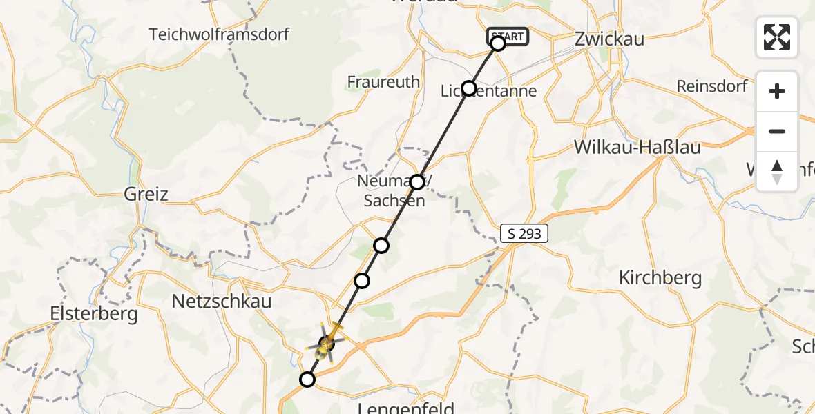 Flugroute Rettungshubschrauber ADAC Air Rescue Station Zwickau Hubschrauberlandeplatz - Heinsdorfergrund, 15 Juli 2026, 11:00