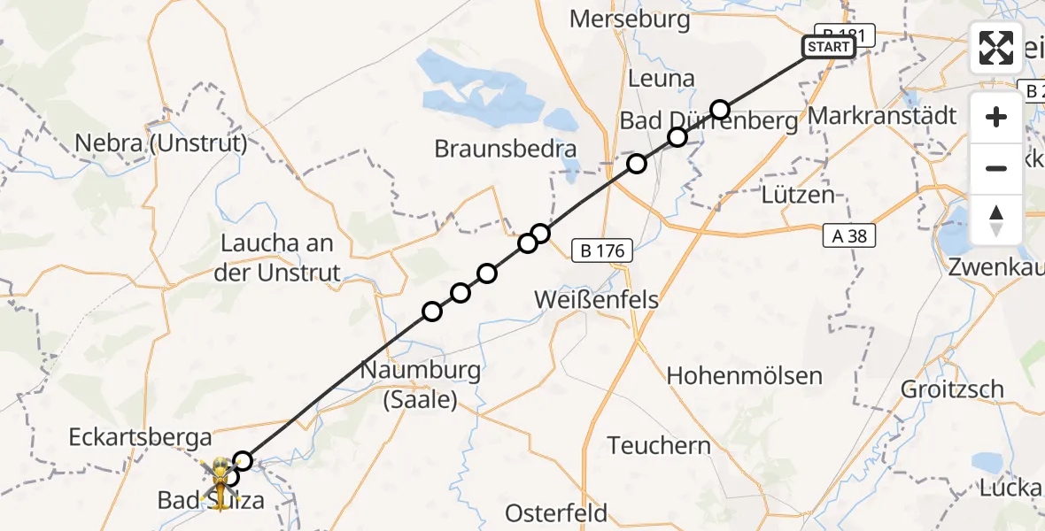 Flugroute Rettungshubschrauber Leuna - Bad Sulza, 15 Juli 2026, 11:03