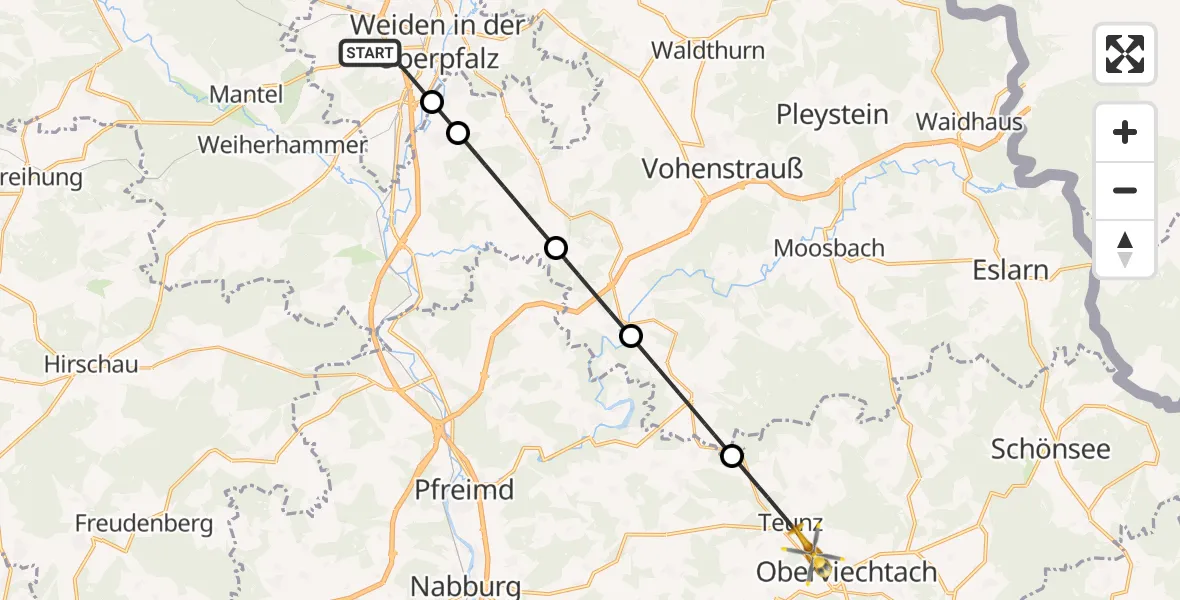 Flugroute Ambulanzhubschrauber Weiden i.d.OPf. - Oberviechtach, 15 Juli 2026, 11:07