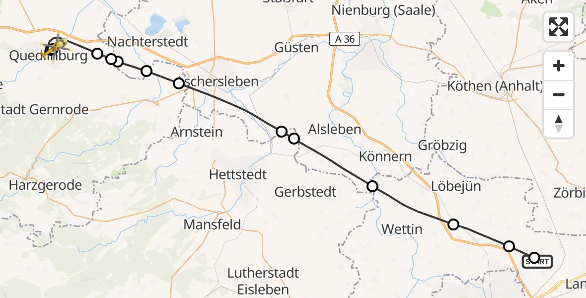 Flugroute Rettungshubschrauber Halle-Oppin Flugplatz - Harz Hospital Quedlinburg, 15 Juli 2026, 11:06
