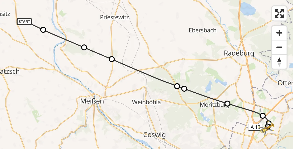 Flugroute Rettungshubschrauber Hirschstein - Dresden Bundespolizei Hubschrauberlandeplatz, 15 Juli 2026, 11:12