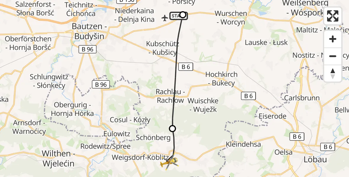Flugroute Rettungshubschrauber Bautzen Flugplatz - Cunewalde, 15 Juli 2026, 11:22
