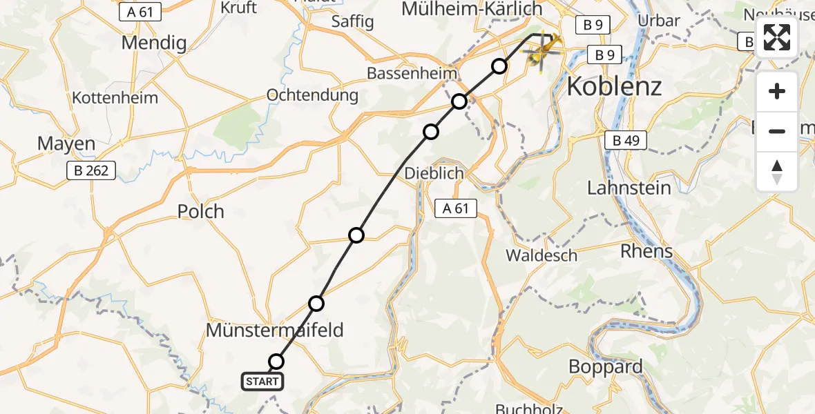 Flugroute Rettungshubschrauber Wierschem - Koblenz, 15 Juli 2026, 11:25