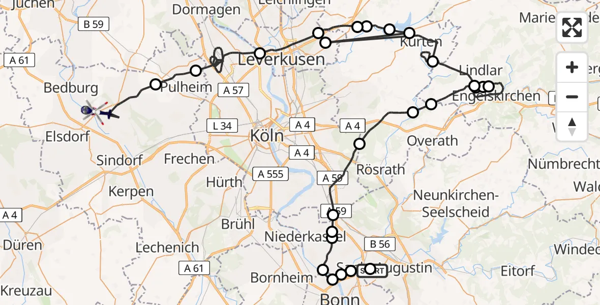 Flugroute Polizeihubschrauber Bonn-Hangelar Flugplatz - Bergheim, 15 Juli 2026, 11:30