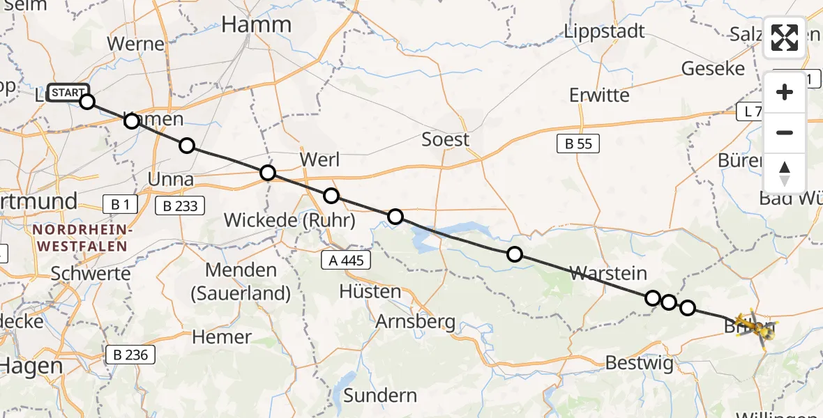Flugroute Rettungshubschrauber Lünen - Brilon, 15 Juli 2026, 11:30