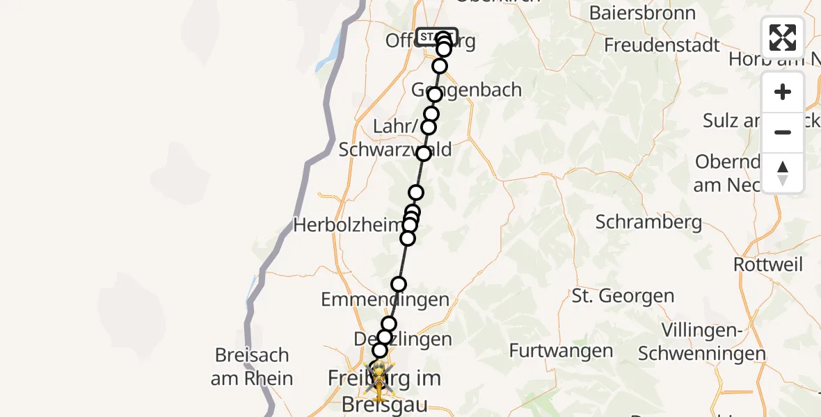 Flugroute Rettungshubschrauber Offenburg - Freiburg University Hospital Heliport 1, 15 Juli 2026, 11:31