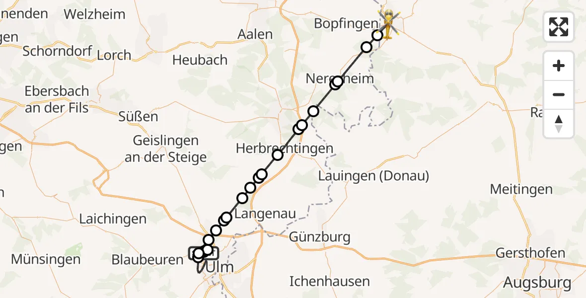Flugroute Rettungshubschrauber Ulm Military Hospital Emergency - Nördlingen, 15 Juli 2026, 11:33