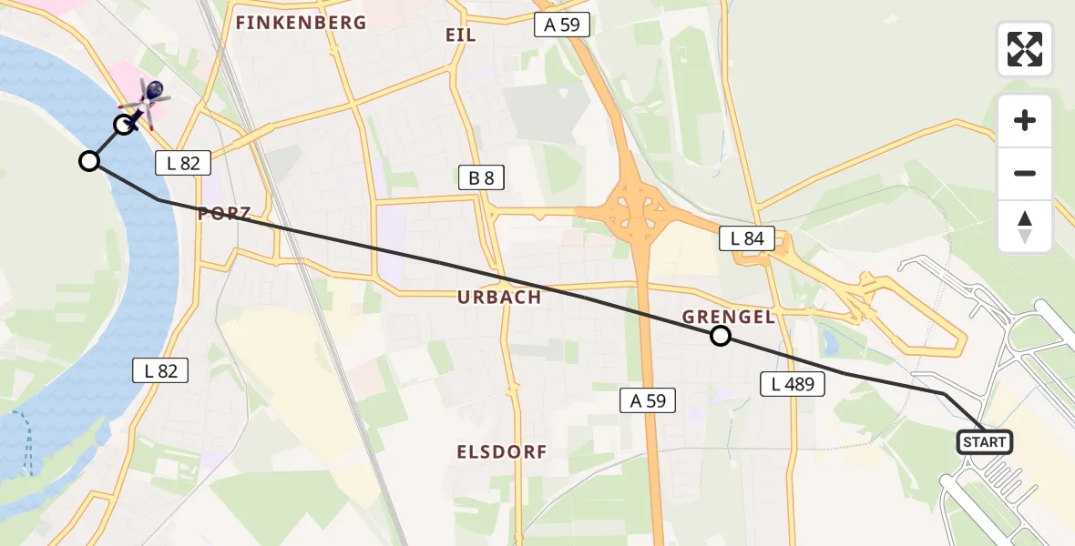 Flugroute Polizeihubschrauber Köln Bonn Flughafen - Porz am Rhein Hospital, 15 Juli 2026, 11:34