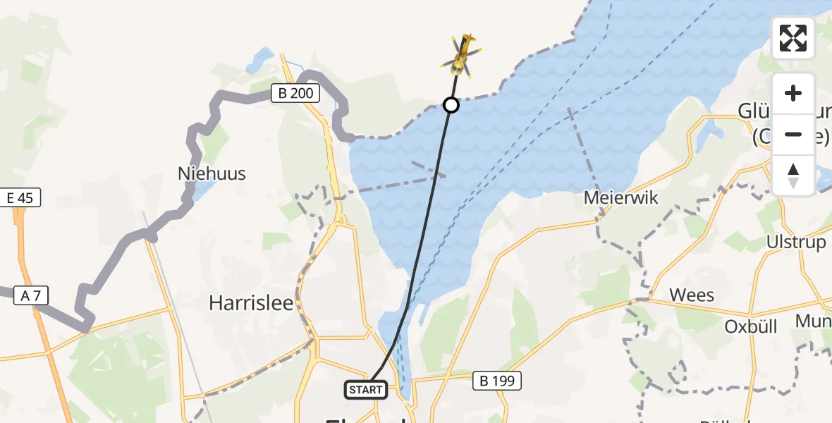 Flugroute Ambulanzhubschrauber Flensburg - Skomagerhuse, 15 Juli 2026, 11:35