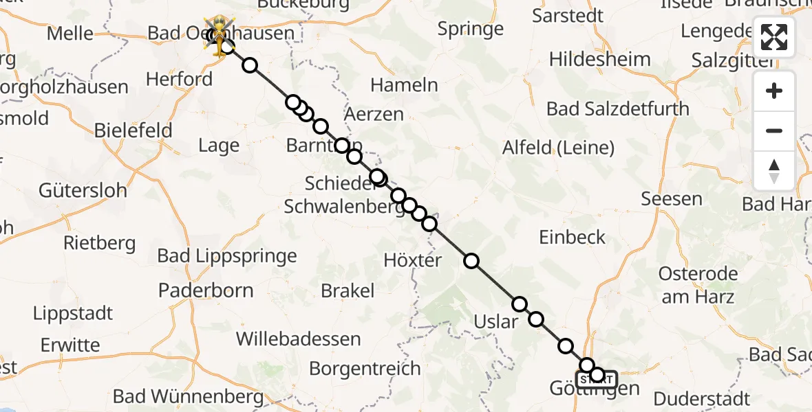 Flugroute Rettungshubschrauber Göttingen University Clinic Hubschrauberlandeplatz - Bad Oeynhausen, 15 Juli 2026, 11:36