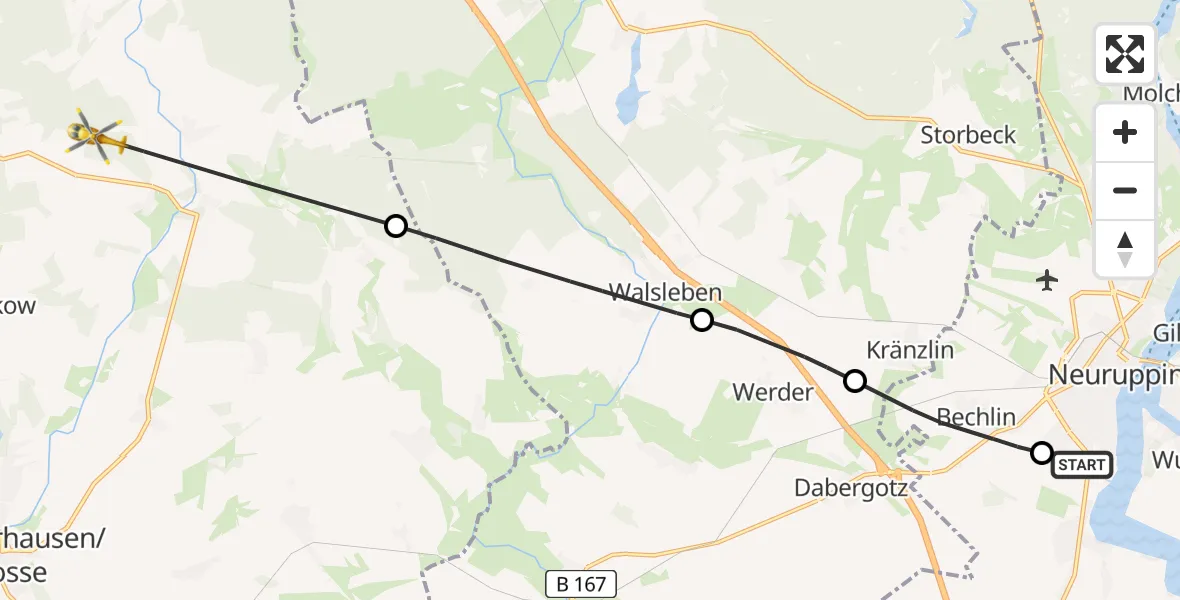 Flugroute Rettungshubschrauber Rupin Hospital - Wusterhausen/Dosse, 15 Juli 2026, 11:38