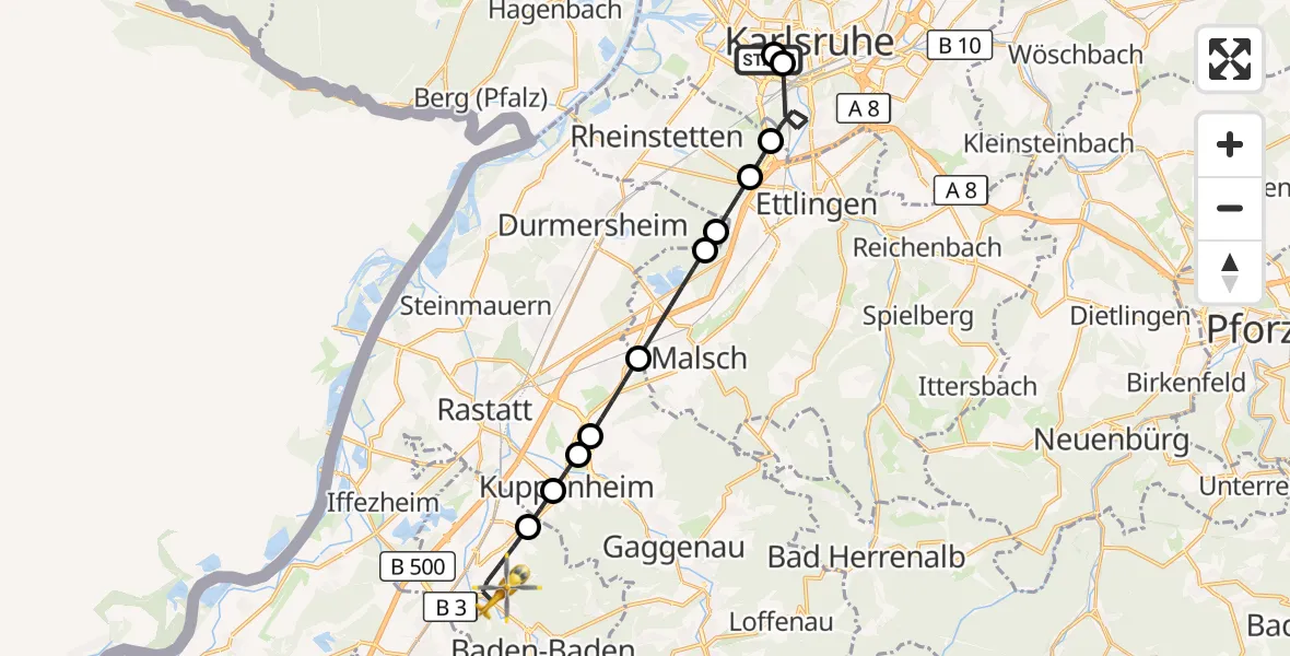 Flugroute Ambulanzhubschrauber Sankt Vincentius Hospital - Baden-Baden, 15 Juli 2026, 11:39