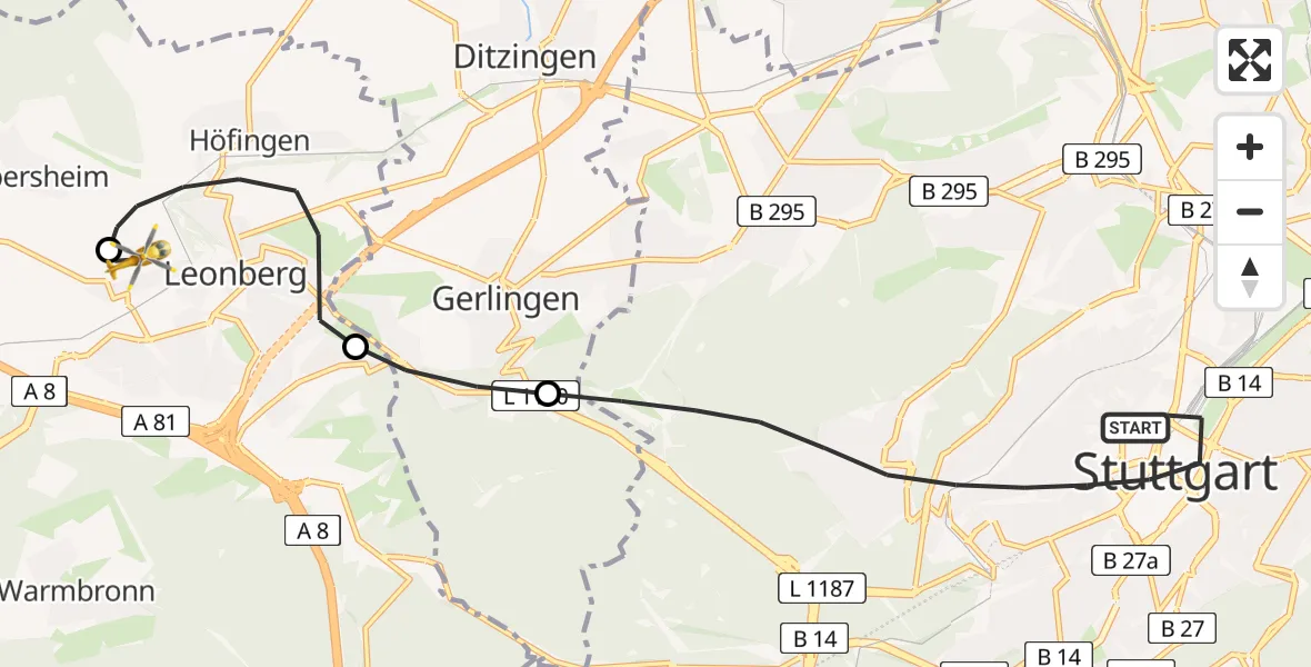 Flugroute Rettungshubschrauber Stuttgart - Leonberg Hospital, 15 Juli 2026, 11:45