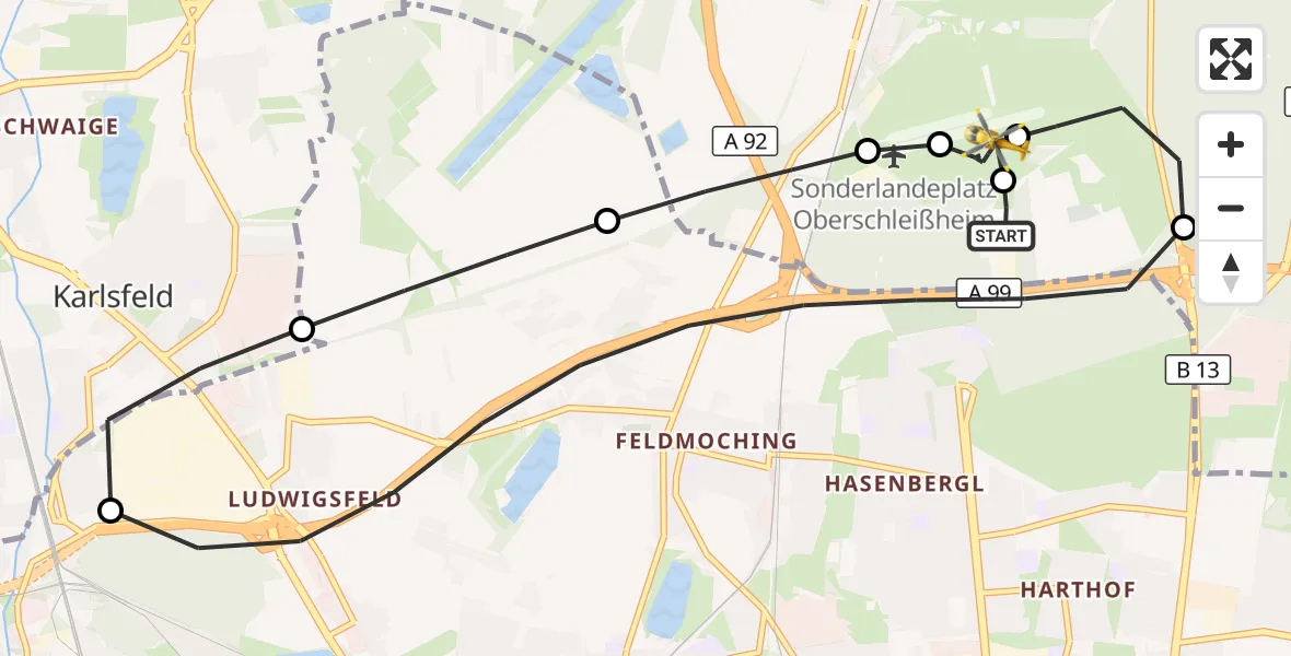 Flugroute Rettungshubschrauber Oberschleißheim - Oberschleissheim Hubschrauberlandeplatz, 15 Juli 2026, 11:47
