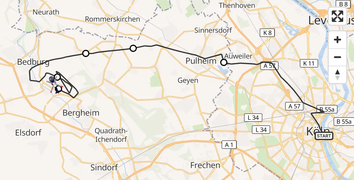 Flugroute Polizeihubschrauber Köln - Bergheim Flugplatz, 15 Juli 2026, 11:48