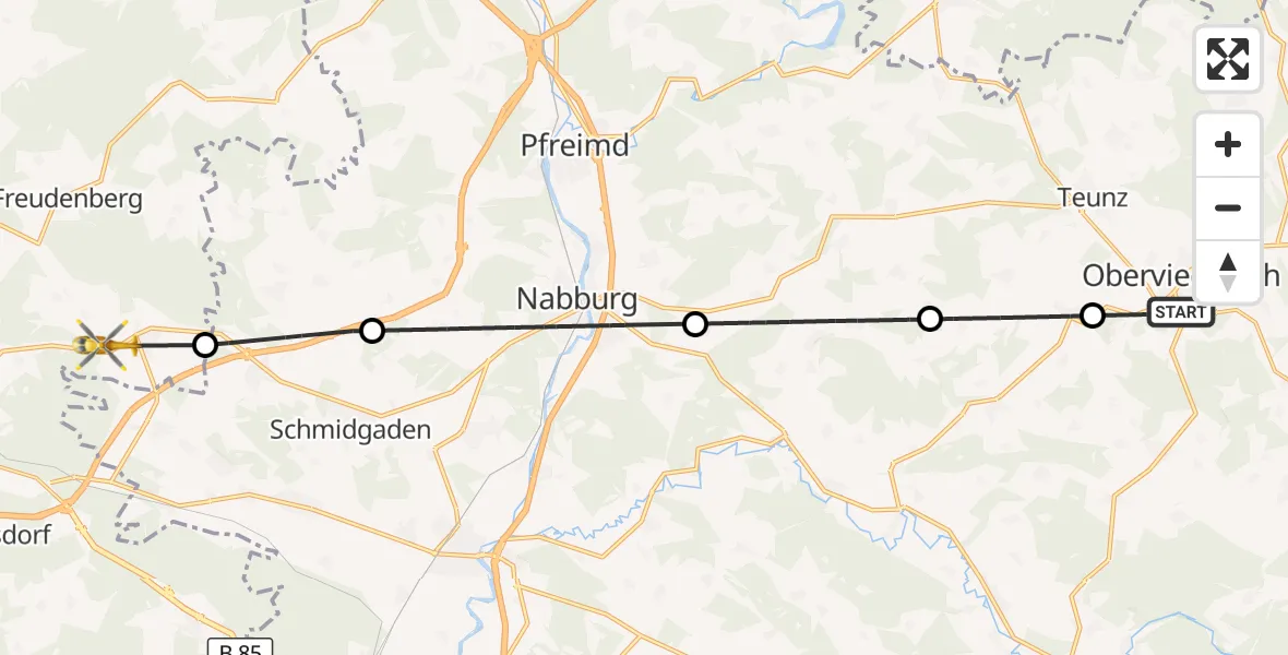 Flugroute Ambulanzhubschrauber Oberviechtach - Freudenberg, 15 Juli 2026, 11:49