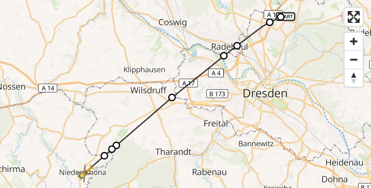Flugroute Rettungshubschrauber Dresden Bundespolizei Hubschrauberlandeplatz - Halsbrücke, 15 Juli 2026, 11:52