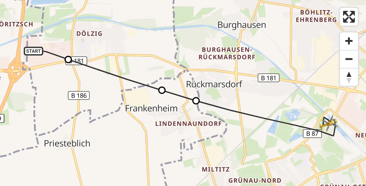 Flugroute Rettungshubschrauber ADAC Air Rescue Station Leipzig/Schkeuditz-Dölzig Hubschrauberlandeplatz (Christoph 61) - Leipzig, 15 Juli 2026, 11:56