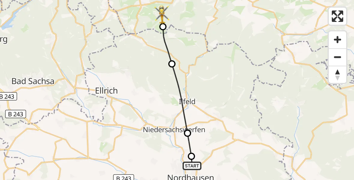 Flugroute Rettungshubschrauber Südharz Hospital Nordhausen - Oberharz am Brocken, 15 Juli 2026, 12:00