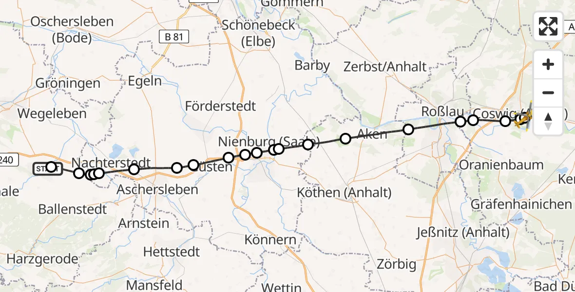 Flugroute Rettungshubschrauber Harz Hospital Quedlinburg - MediClin Heart Center Coswig Hubschrauberlandeplatz, 15 Juli 2026, 12:01
