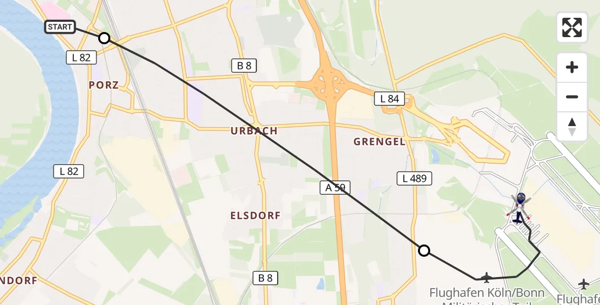 Flugroute Polizeihubschrauber Porz am Rhein Hospital - Köln Bonn Flughafen, 15 Juli 2026, 12:02