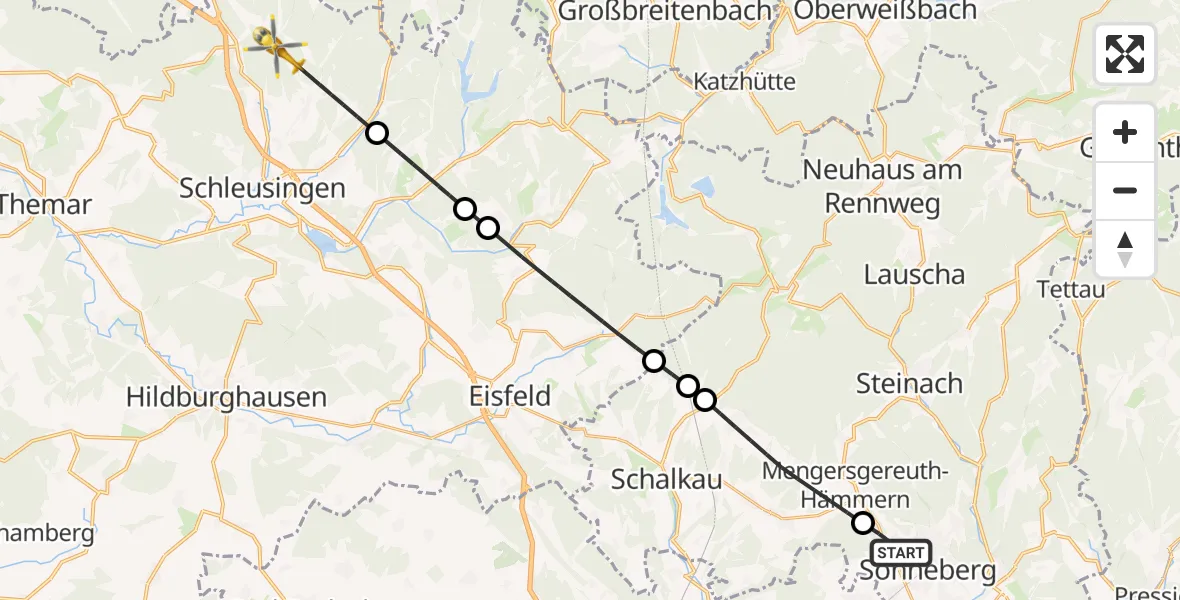Flugroute Rettungshubschrauber Sonneberg - Schleusingen, 15 Juli 2026, 12:02
