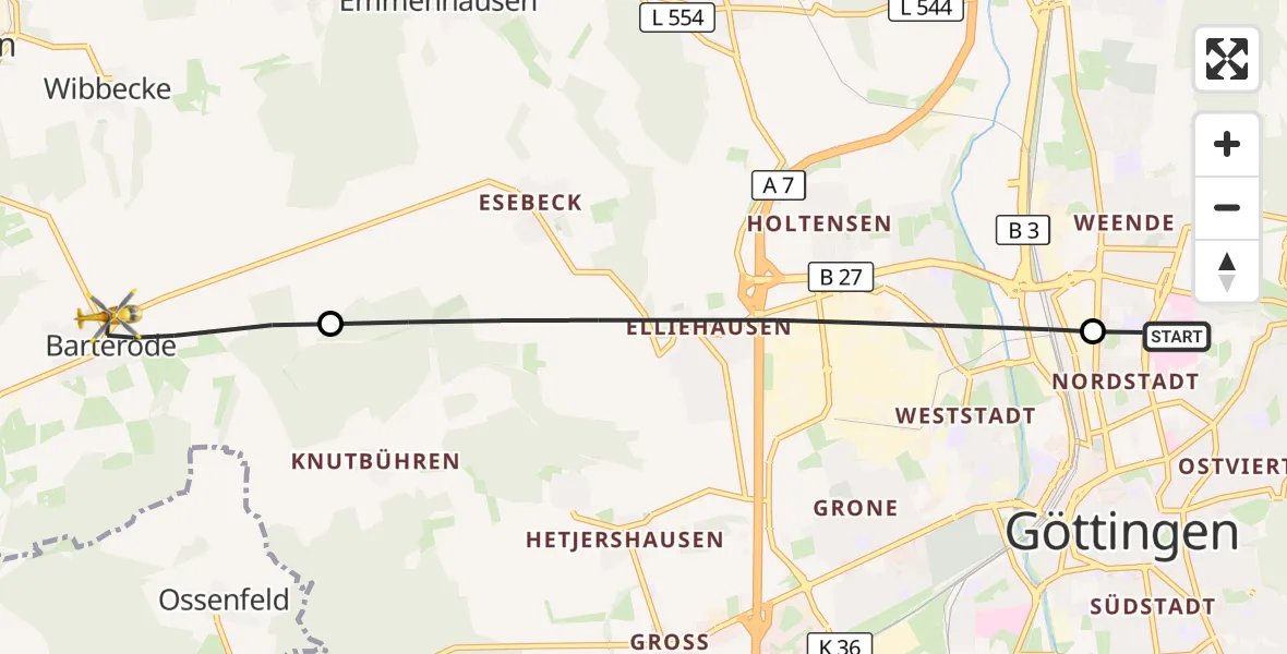 Flugroute Rettungshubschrauber Göttingen University Clinic Hubschrauberlandeplatz - Adelebsen, 15 Juli 2026, 12:06
