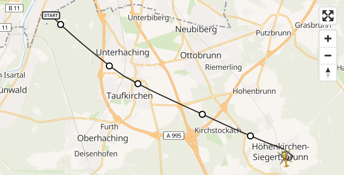 Flugroute Rettungshubschrauber ADAC Air Rescue Center Hubschrauberlandeplatz (Christoph 1) - Höhenkirchen-Siegertsbrunn, 15 Juli 2026, 12:07