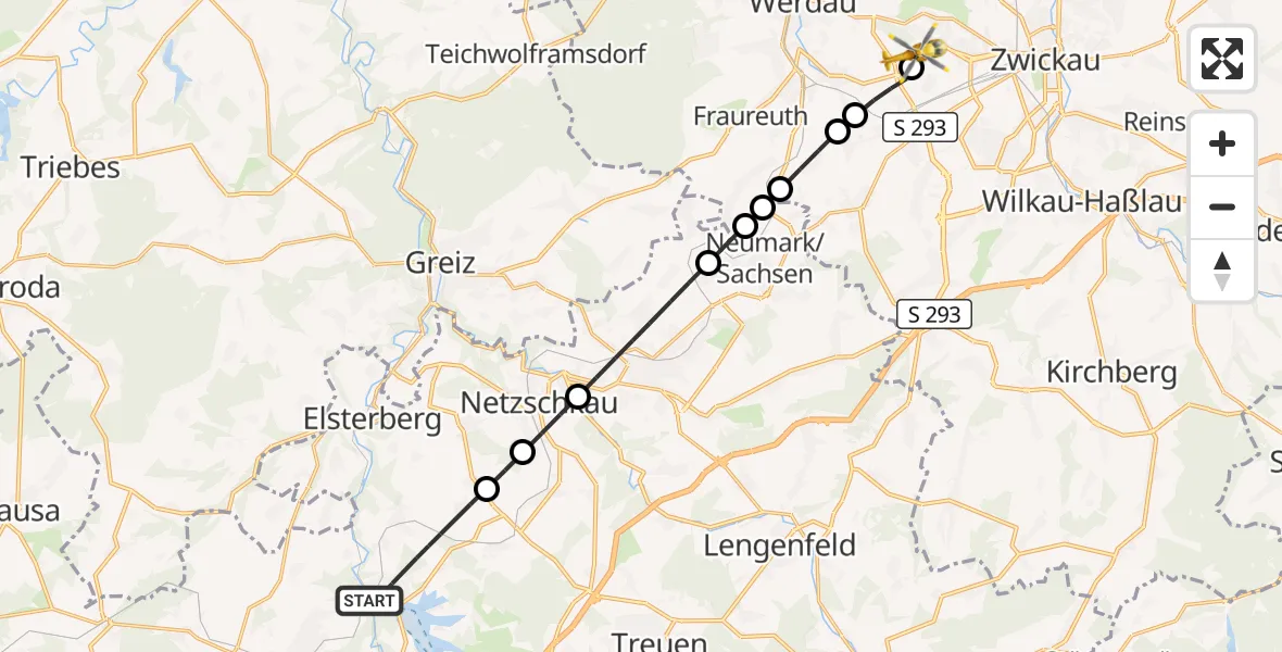 Flugroute Rettungshubschrauber Pöhl - ADAC Air Rescue Station Zwickau Hubschrauberlandeplatz, 15 Juli 2026, 12:09