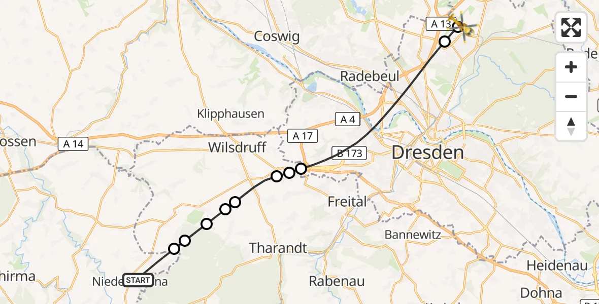 Flugroute Rettungshubschrauber Halsbrücke - Dresden Bundespolizei Hubschrauberlandeplatz, 15 Juli 2026, 12:16