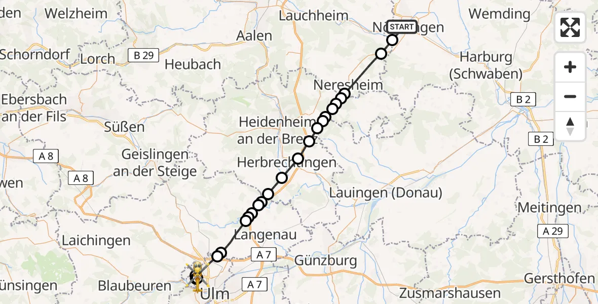 Flugroute Rettungshubschrauber Nördlingen - Ulm Military Hospital Emergency, 15 Juli 2026, 12:16