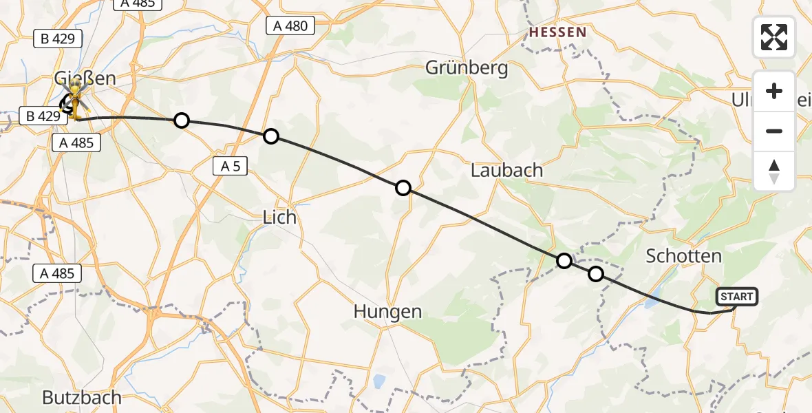 Flugroute Rettungshubschrauber Schotten - Gießen University Hospital, 15 Juli 2026, 12:22