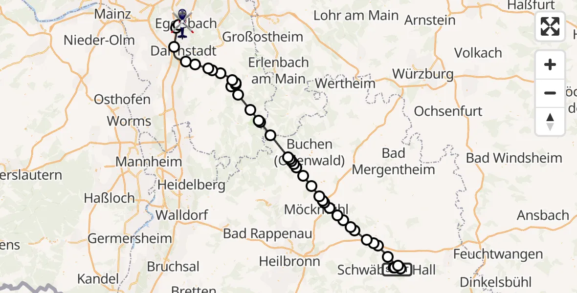 Flugroute Polizeihubschrauber Adolf Würth Flughafen - Flughafen Frankfurt-Egelsbach, 15 Juli 2026, 12:22