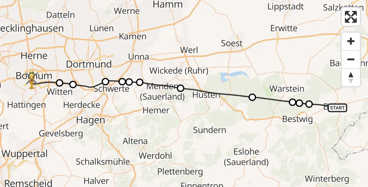 Flugroute Rettungshubschrauber Brilon - Bochum, 15 Juli 2026, 12:22