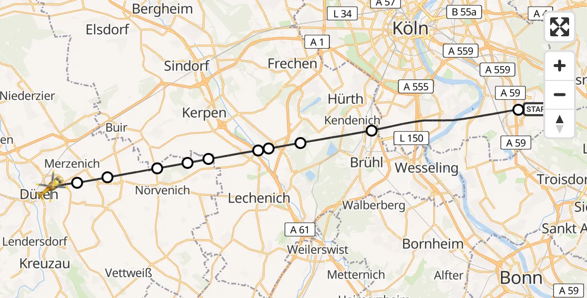 Flugroute Ambulanzhubschrauber Köln Bonn Flughafen - Düren, 15 Juli 2026, 12:34