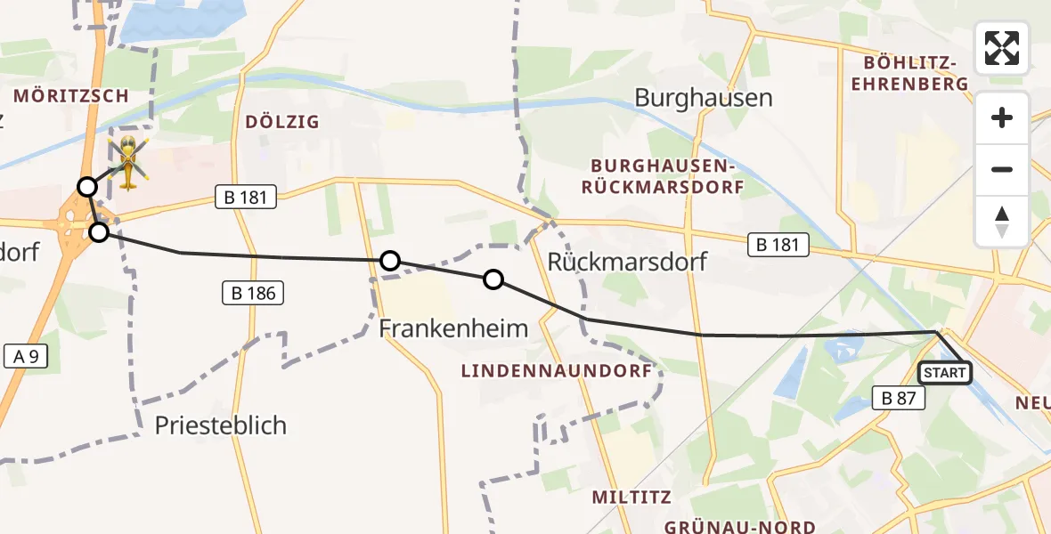 Flugroute Rettungshubschrauber Leipzig - ADAC Air Rescue Station Leipzig/Schkeuditz-Dölzig Hubschrauberlandeplatz (Christoph 61), 15 Juli 2026, 12:39