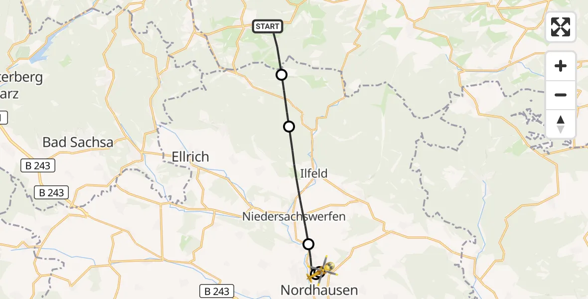 Flugroute Rettungshubschrauber Oberharz am Brocken - Südharz Hospital Nordhausen, 15 Juli 2026, 12:39