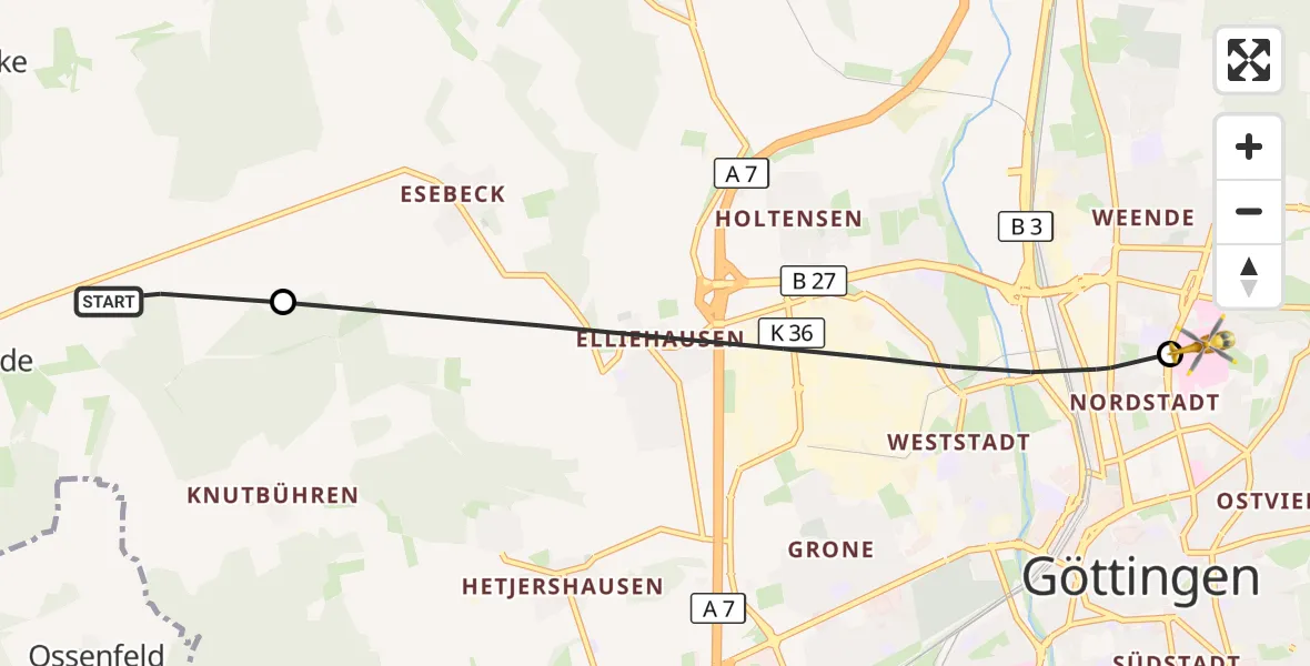 Flugroute Rettungshubschrauber Adelebsen - Göttingen University Clinic Hubschrauberlandeplatz, 15 Juli 2026, 12:46