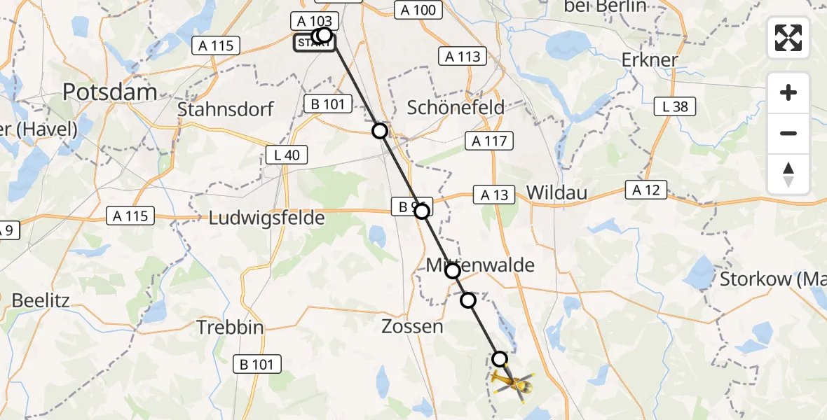 Flugroute Rettungshubschrauber Charité Clinic Benjamin Franklin Campus - Mittenwalde, 15 Juli 2026, 12:47