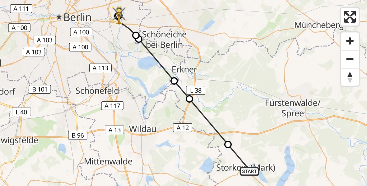 Flugroute Rettungshubschrauber Storkow (Mark) - Berlin Emergency Hospital, 15 Juli 2026, 12:50