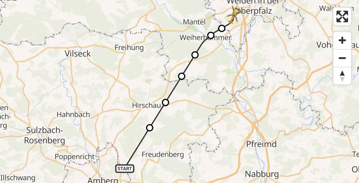Flugroute Ambulanzhubschrauber Freudenberg - Weiden i.d.OPf., 15 Juli 2026, 12:54