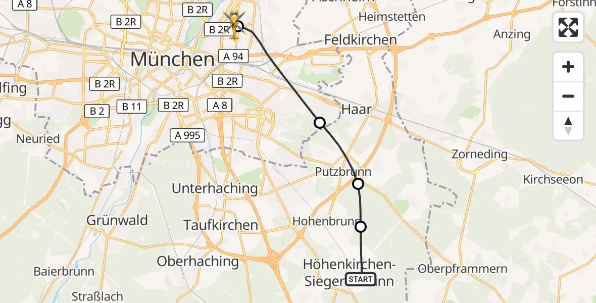 Flugroute Rettungshubschrauber Höhenkirchen-Siegertsbrunn - München Bogenhausen Hospital, 15 Juli 2026, 13:01