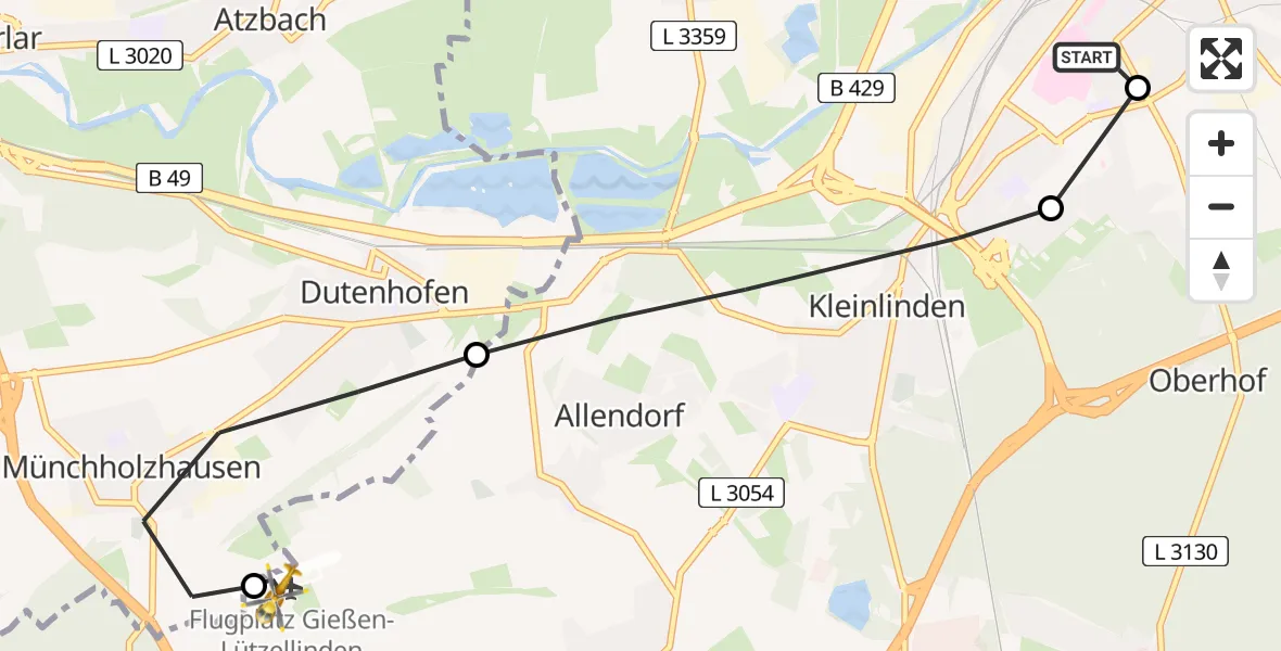 Flugroute Rettungshubschrauber Gießen University Hospital - Gießen-Lützellinden Flugplatz, 15 Juli 2026, 13:02