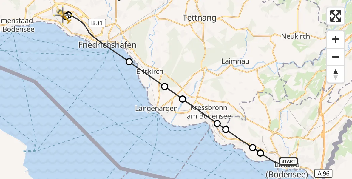 Flugroute Rettungshubschrauber Lindau (Bodensee) - Friedrichshafen Hospital, 15 Juli 2026, 13:05