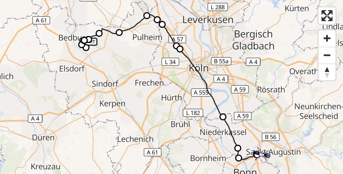 Flugroute Polizeihubschrauber Bergheim - Sankt Augustin, 15 Juli 2026, 13:09