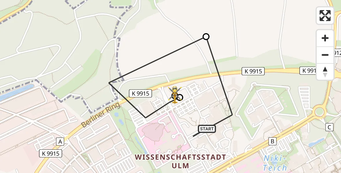 Flugroute Rettungshubschrauber Ulm Military Hospital Emergency - ADAC Air Rescue Station Ulm (Christoph 22), 15 Juli 2026, 13:11